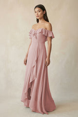 Ruffled Off-the-Shoulder A-Line Chiffon Bridesmaid Dress in Dusty Rose - KissProm BRIDESMAID DRESSES