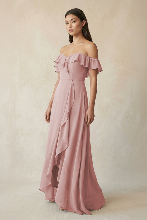 Ruffled Off-the-Shoulder A-Line Chiffon Bridesmaid Dress in Dusty Rose - KissProm BRIDESMAID DRESSES