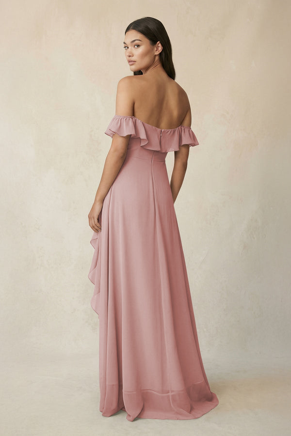 Ruffled Off-the-Shoulder A-Line Chiffon Bridesmaid Dress in Dusty Rose - KissProm BRIDESMAID DRESSES