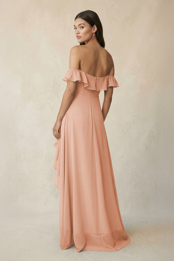 Ruffled Off-the-Shoulder A-Line Chiffon Bridesmaid Dress in English Rose - KissProm BRIDESMAID DRESSES