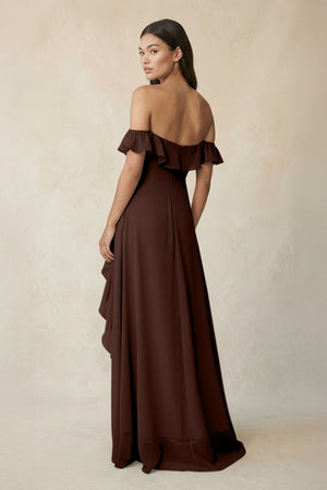 Ruffled Off-the-Shoulder A-Line Chiffon Bridesmaid Dress in Espresso - KissProm BRIDESMAID DRESSES