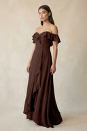 Ruffled Off-the-Shoulder A-Line Chiffon Bridesmaid Dress in Espresso - KissProm BRIDESMAID DRESSES