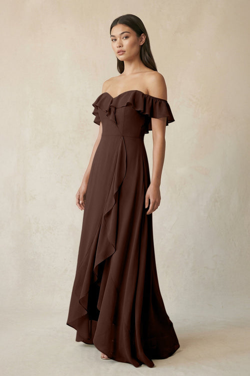 Ruffled Off-the-Shoulder A-Line Chiffon Bridesmaid Dress in Espresso - KissProm BRIDESMAID DRESSES