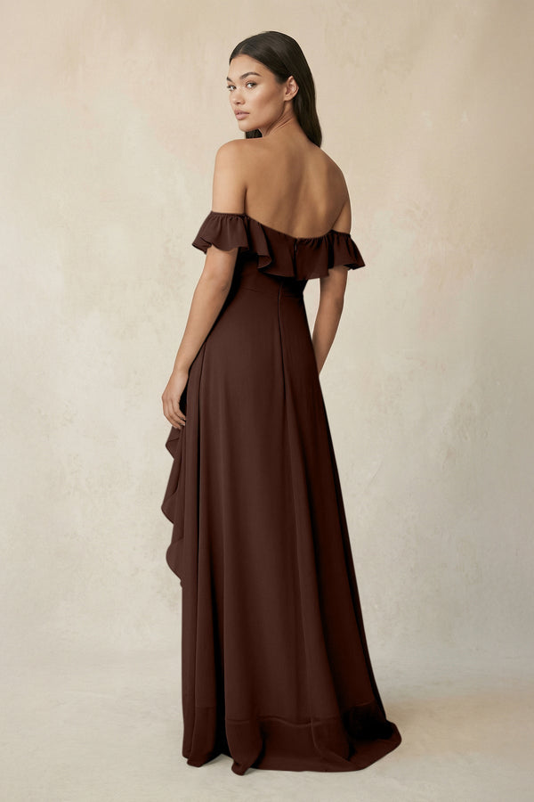 Ruffled Off-the-Shoulder A-Line Chiffon Bridesmaid Dress in Espresso - KissProm BRIDESMAID DRESSES