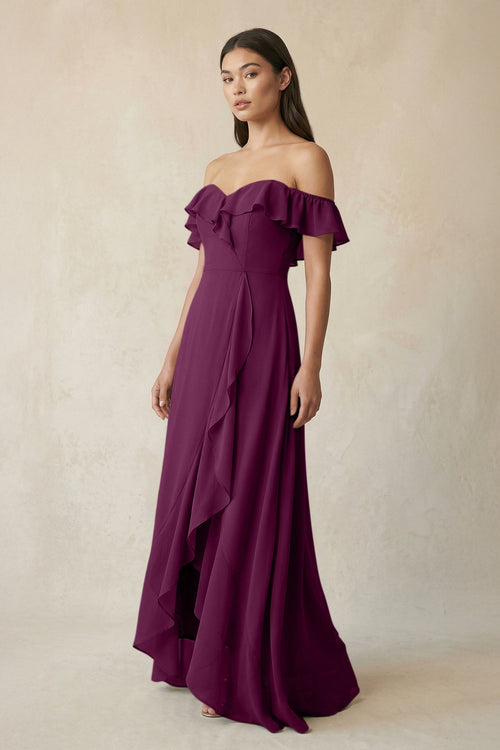 Ruffled Off-the-Shoulder A-Line Chiffon Bridesmaid Dress in Fig - KissProm BRIDESMAID DRESSES