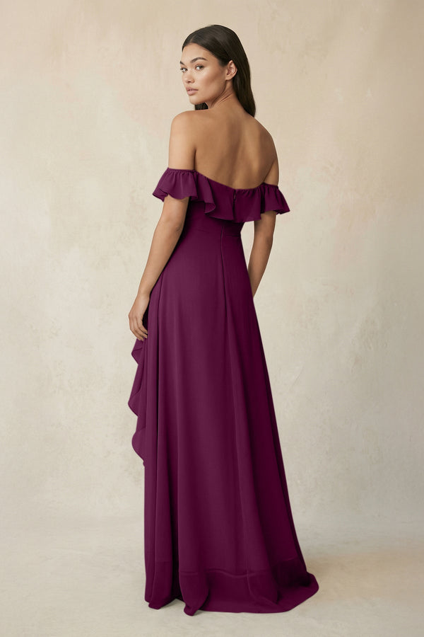 Ruffled Off-the-Shoulder A-Line Chiffon Bridesmaid Dress in Fig - KissProm BRIDESMAID DRESSES