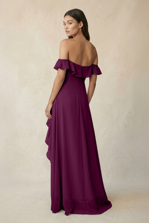 Ruffled Off-the-Shoulder A-Line Chiffon Bridesmaid Dress in Fig - KissProm BRIDESMAID DRESSES