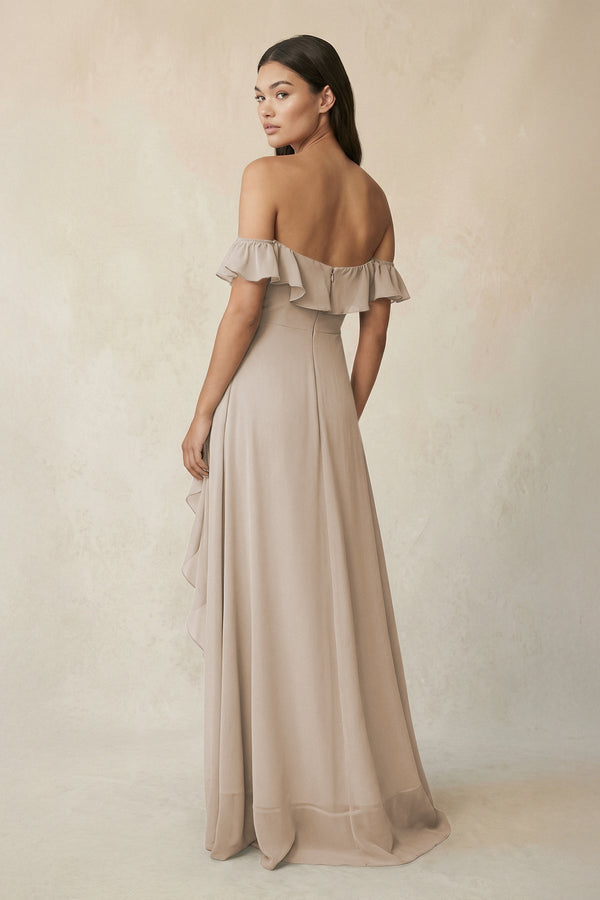 Ruffled Off-the-Shoulder A-Line Chiffon Bridesmaid Dress in Frost - KissProm BRIDESMAID DRESSES