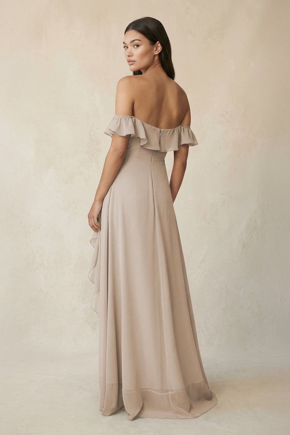 Ruffled Off-the-Shoulder A-Line Chiffon Bridesmaid Dress in Frost - KissProm BRIDESMAID DRESSES