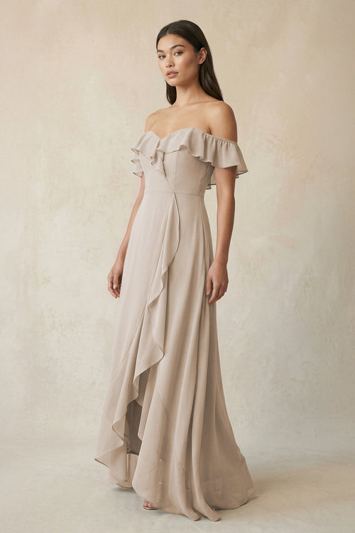 Ruffled Off-the-Shoulder A-Line Chiffon Bridesmaid Dress in Frost - KissProm BRIDESMAID DRESSES