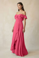 Ruffled Off-the-Shoulder A-Line Chiffon Bridesmaid Dress in Fuchsia - KissProm BRIDESMAID DRESSES