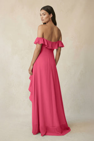 Ruffled Off-the-Shoulder A-Line Chiffon Bridesmaid Dress in Fuchsia - KissProm BRIDESMAID DRESSES