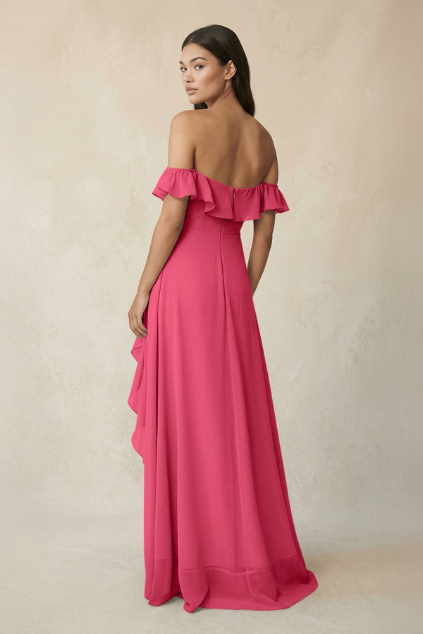 Ruffled Off-the-Shoulder A-Line Chiffon Bridesmaid Dress in Fuchsia - KissProm BRIDESMAID DRESSES