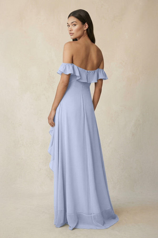 Ruffled Off-the-Shoulder A-Line Chiffon Bridesmaid Dress in Ice - KissProm BRIDESMAID DRESSES