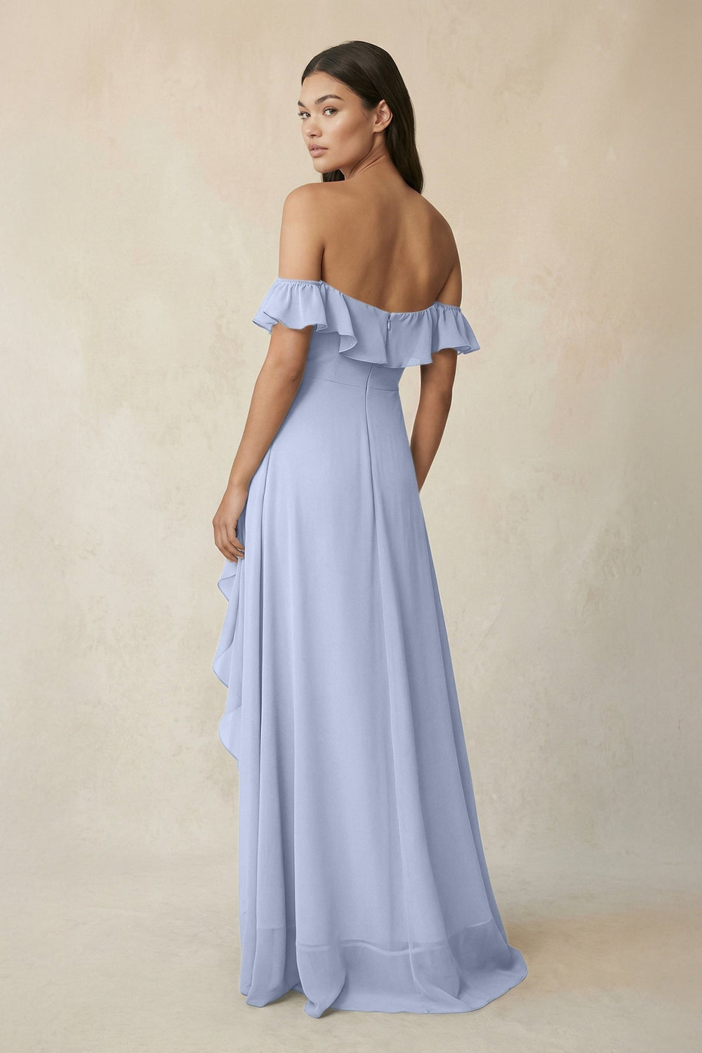 Ruffled Off-the-Shoulder A-Line Chiffon Bridesmaid Dress in Ice - KissProm BRIDESMAID DRESSES