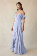 Ruffled Off-the-Shoulder A-Line Chiffon Bridesmaid Dress in Ice - KissProm BRIDESMAID DRESSES