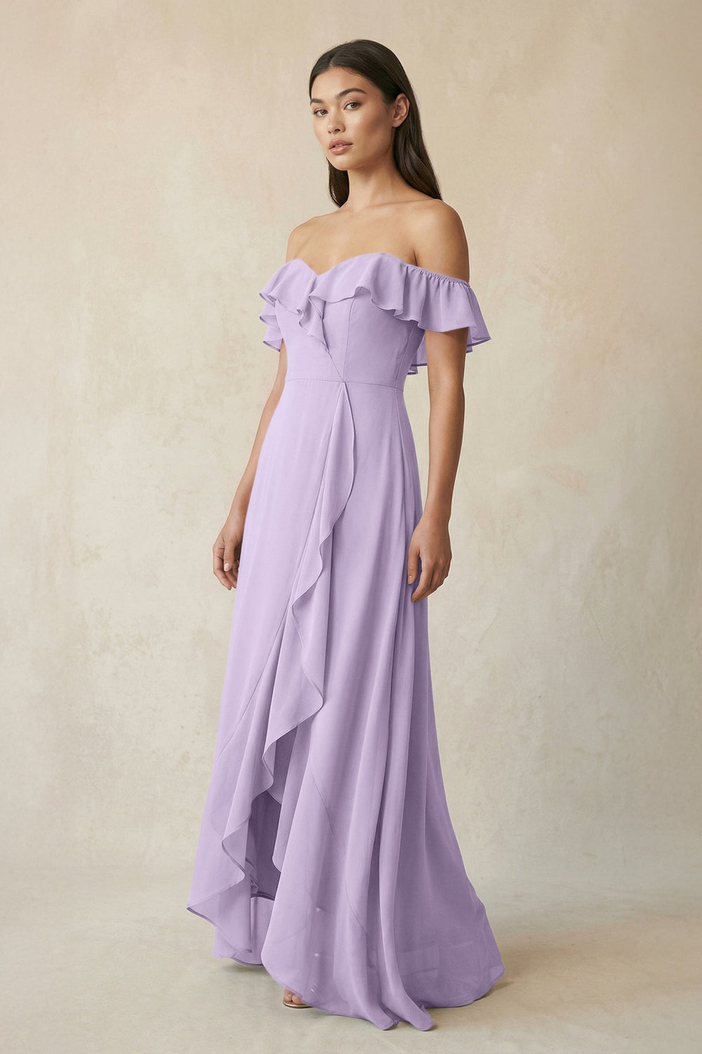 Ruffled Off-the-Shoulder A-Line Chiffon Bridesmaid Dress in Lavender - KissProm BRIDESMAID DRESSES