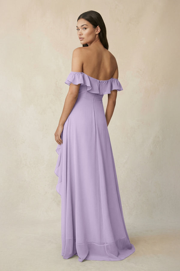Ruffled Off-the-Shoulder A-Line Chiffon Bridesmaid Dress in Lavender - KissProm BRIDESMAID DRESSES