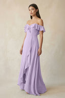 Ruffled Off-the-Shoulder A-Line Chiffon Bridesmaid Dress in Lavender - KissProm BRIDESMAID DRESSES