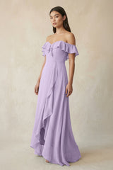 Ruffled Off-the-Shoulder A-Line Chiffon Bridesmaid Dress in Lavender - KissProm BRIDESMAID DRESSES