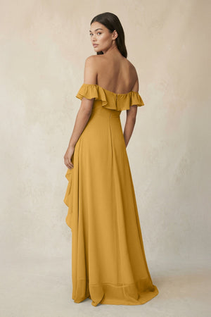 Ruffled Off-the-Shoulder A-Line Chiffon Bridesmaid Dress in Marigold - KissProm BRIDESMAID DRESSES