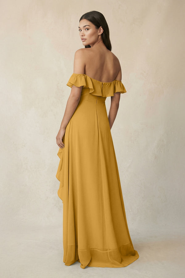 Ruffled Off-the-Shoulder A-Line Chiffon Bridesmaid Dress in Marigold - KissProm BRIDESMAID DRESSES