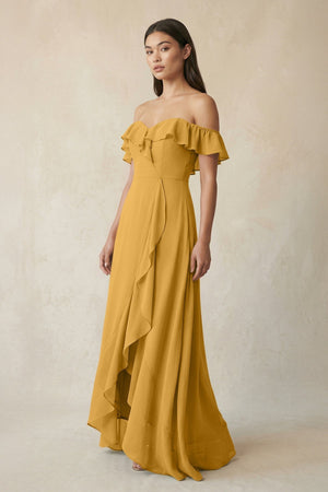 Ruffled Off-the-Shoulder A-Line Chiffon Bridesmaid Dress in Marigold - KissProm BRIDESMAID DRESSES