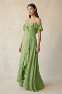 Ruffled Off-the-Shoulder A-Line Chiffon Bridesmaid Dress in Matcha - KissProm BRIDESMAID DRESSES
