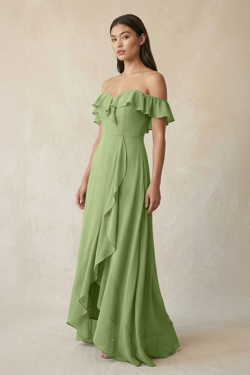 Ruffled Off-the-Shoulder A-Line Chiffon Bridesmaid Dress in Matcha - KissProm BRIDESMAID DRESSES