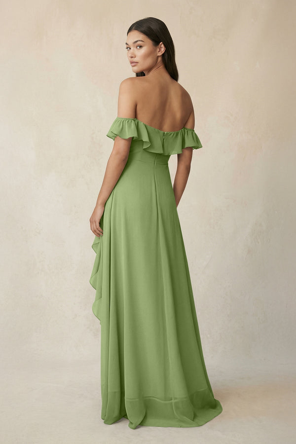 Ruffled Off-the-Shoulder A-Line Chiffon Bridesmaid Dress in Matcha - KissProm BRIDESMAID DRESSES