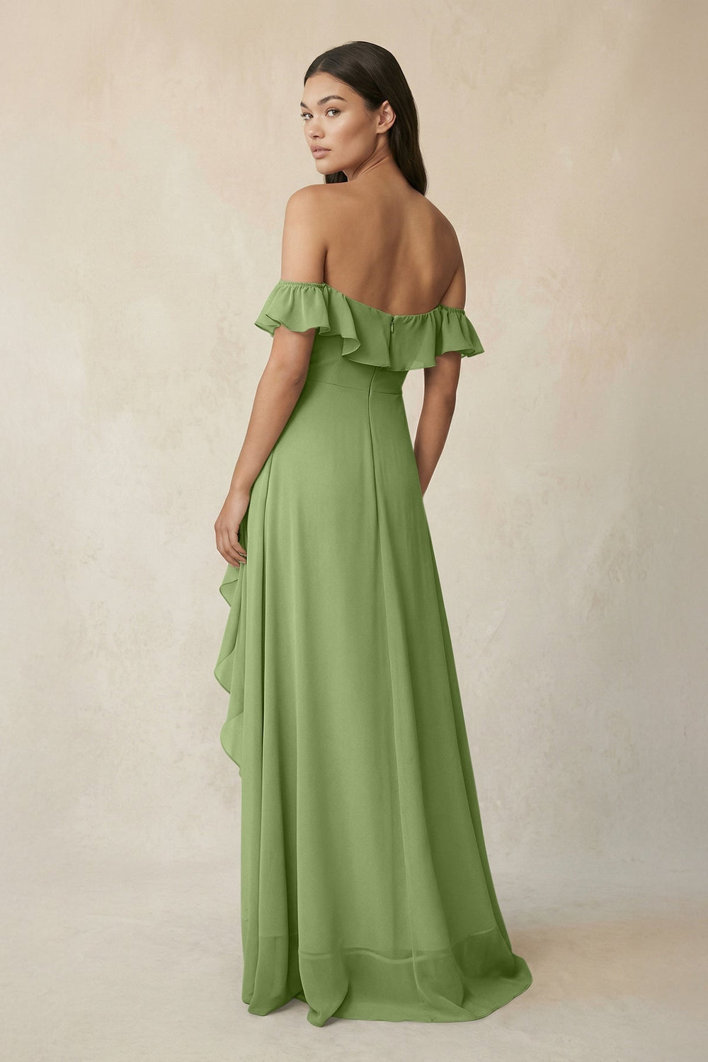 Ruffled Off-the-Shoulder A-Line Chiffon Bridesmaid Dress in Matcha - KissProm BRIDESMAID DRESSES
