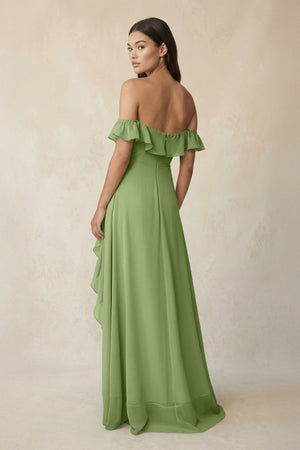 Ruffled Off-the-Shoulder A-Line Chiffon Bridesmaid Dress in Matcha - KissProm BRIDESMAID DRESSES