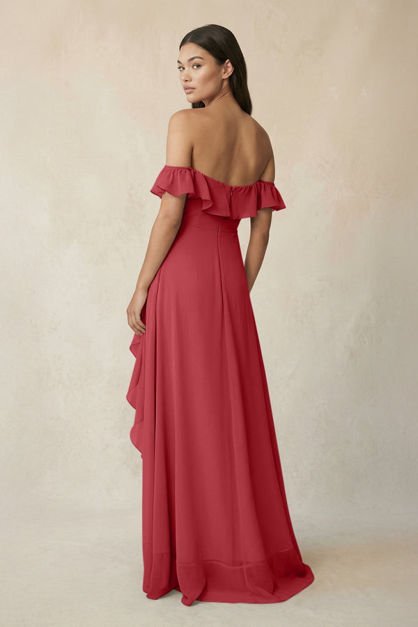 Ruffled Off-the-Shoulder A-Line Chiffon Bridesmaid Dress in Merlot - KissProm BRIDESMAID DRESSES