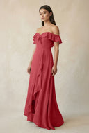 Ruffled Off-the-Shoulder A-Line Chiffon Bridesmaid Dress in Merlot - KissProm BRIDESMAID DRESSES