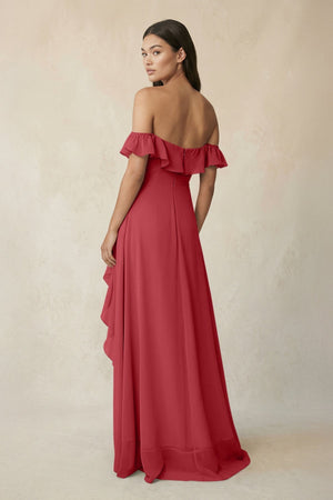 Ruffled Off-the-Shoulder A-Line Chiffon Bridesmaid Dress in Merlot - KissProm BRIDESMAID DRESSES