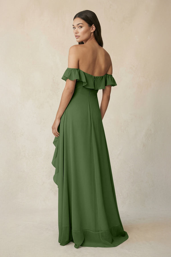 Ruffled Off-the-Shoulder A-Line Chiffon Bridesmaid Dress in Moss - KissProm BRIDESMAID DRESSES