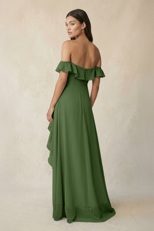 Ruffled Off-the-Shoulder A-Line Chiffon Bridesmaid Dress in Moss - KissProm BRIDESMAID DRESSES