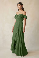 Ruffled Off-the-Shoulder A-Line Chiffon Bridesmaid Dress in Moss - KissProm BRIDESMAID DRESSES
