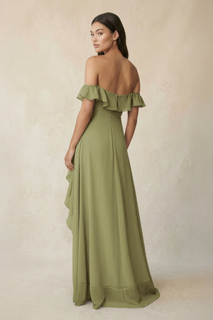 Ruffled Off-the-Shoulder A-Line Chiffon Bridesmaid Dress in Moss Green - KissProm BRIDESMAID DRESSES