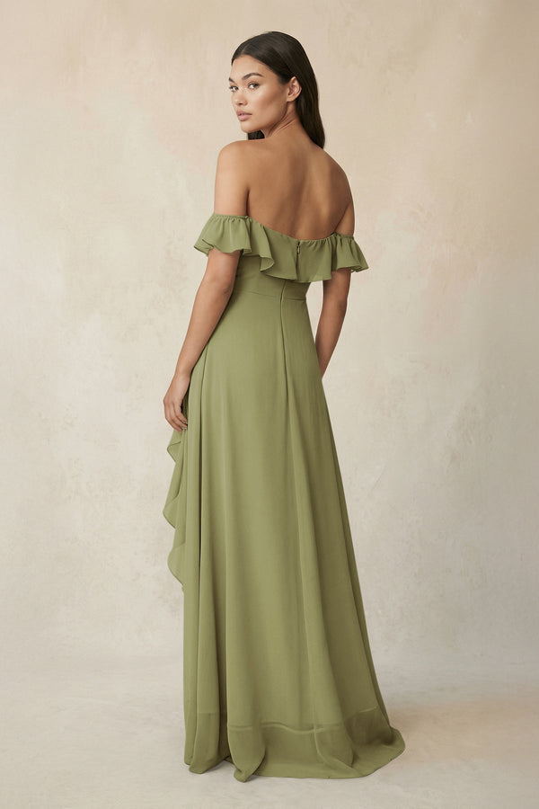 Ruffled Off-the-Shoulder A-Line Chiffon Bridesmaid Dress in Moss Green - KissProm BRIDESMAID DRESSES