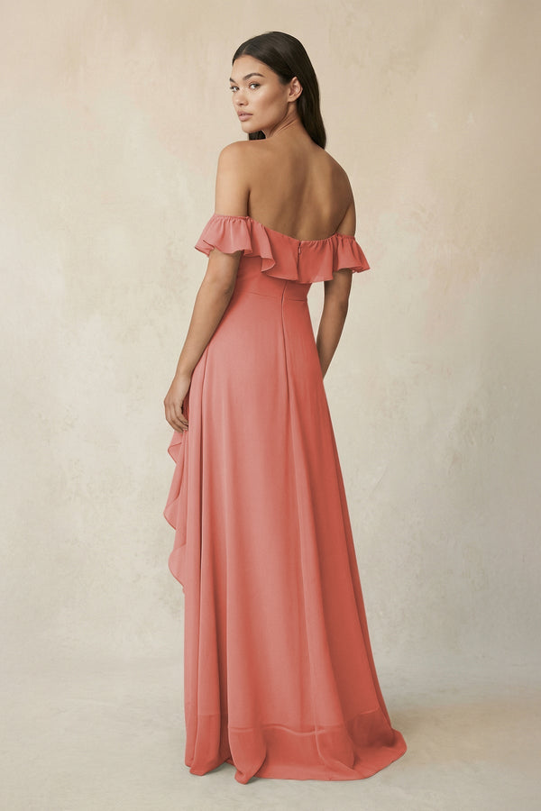 Ruffled Off-the-Shoulder A-Line Chiffon Bridesmaid Dress in Mulberry - KissProm BRIDESMAID DRESSES