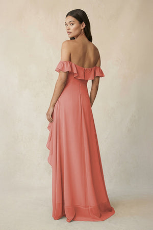 Ruffled Off-the-Shoulder A-Line Chiffon Bridesmaid Dress in Mulberry - KissProm BRIDESMAID DRESSES