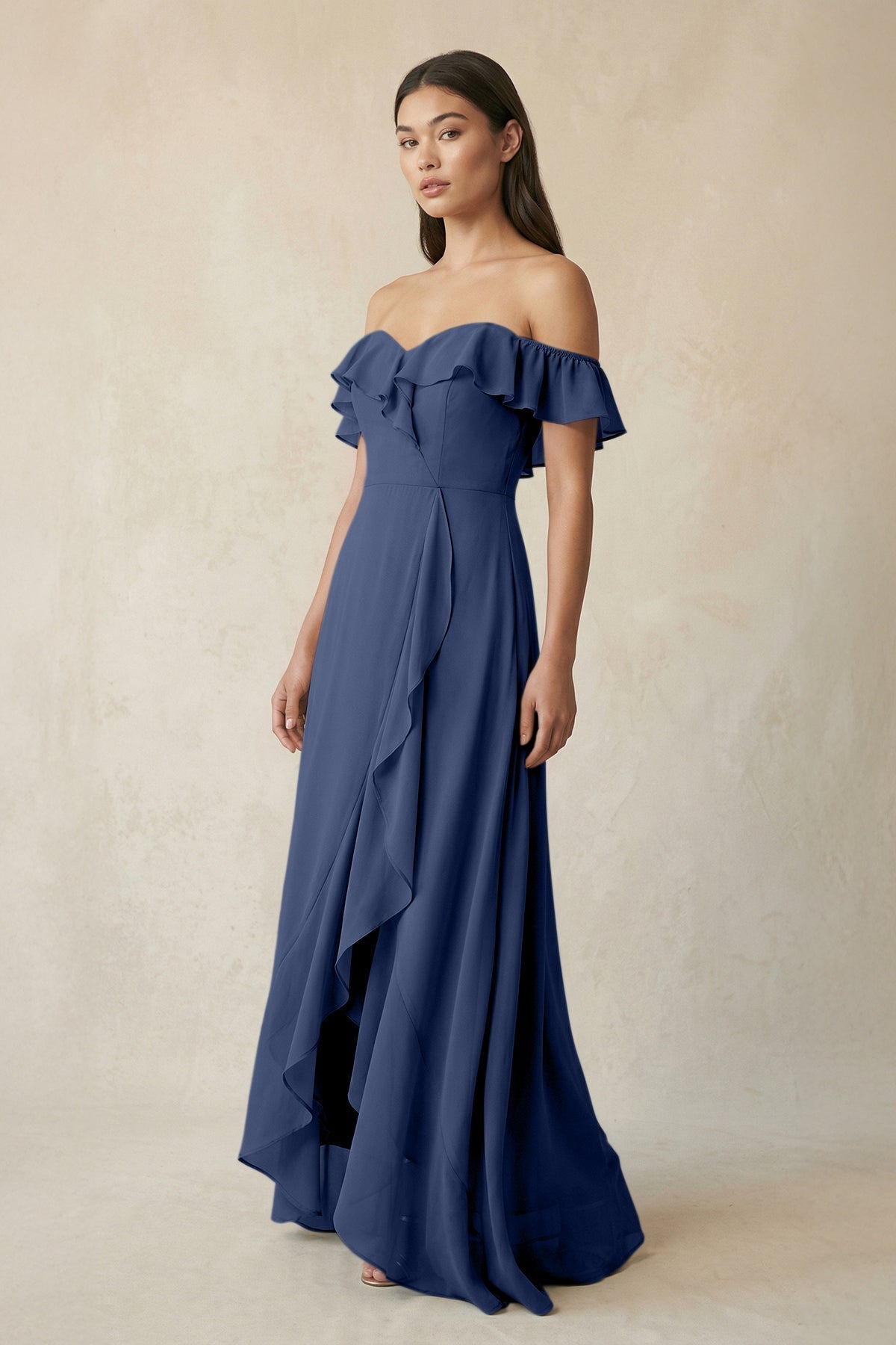 KissProm Ruffled Off-the-Shoulder A-Line Chiffon Bridesmaid Dress in Navy, Navy / 30