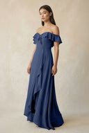 Ruffled Off-the-Shoulder A-Line Chiffon Bridesmaid Dress in Navy - KissProm BRIDESMAID DRESSES