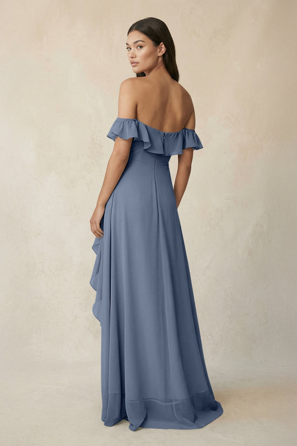 Ruffled Off-the-Shoulder A-Line Chiffon Bridesmaid Dress in Neptune - KissProm BRIDESMAID DRESSES