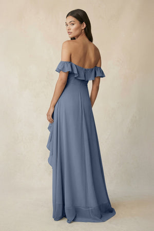 Ruffled Off-the-Shoulder A-Line Chiffon Bridesmaid Dress in Neptune - KissProm BRIDESMAID DRESSES