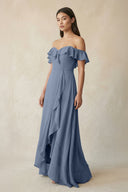Ruffled Off-the-Shoulder A-Line Chiffon Bridesmaid Dress in Neptune - KissProm BRIDESMAID DRESSES