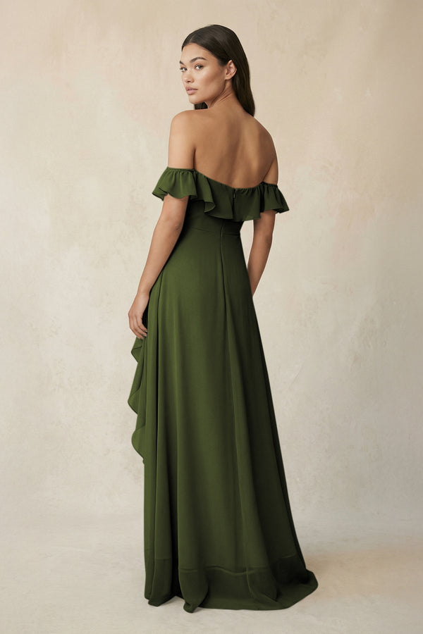 Ruffled Off-the-Shoulder A-Line Chiffon Bridesmaid Dress in Olive - KissProm BRIDESMAID DRESSES