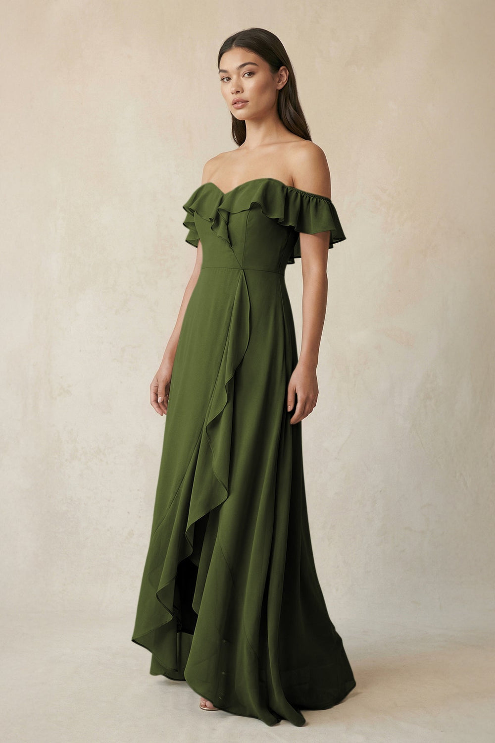 Ruffled Off-the-Shoulder A-Line Chiffon Bridesmaid Dress in Olive - KissProm BRIDESMAID DRESSES
