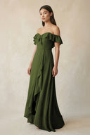 Ruffled Off-the-Shoulder A-Line Chiffon Bridesmaid Dress in Olive - KissProm BRIDESMAID DRESSES